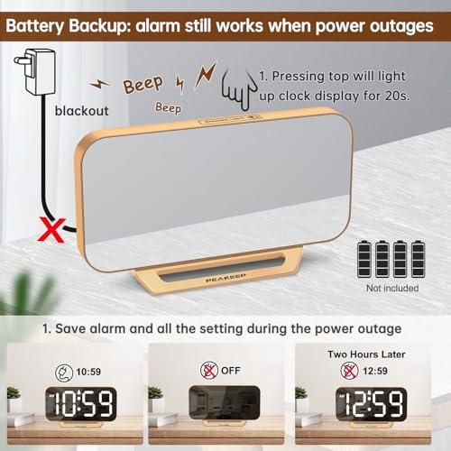 Modern Digital Mirror Alarm Clock with Large LED Display – Plug-In Electric Desk Clock with Battery Backup, 6 Brightness Levels, Gold