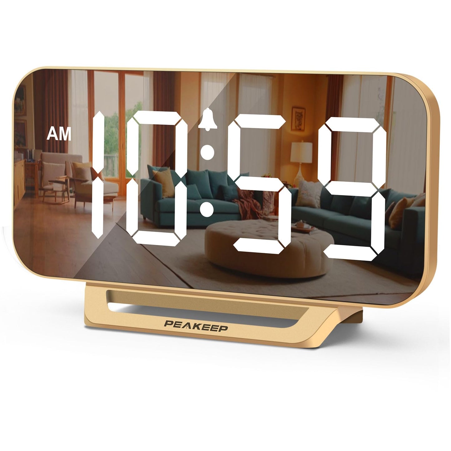 Modern Digital Mirror Alarm Clock with Large LED Display – Plug-In Electric Desk Clock with Battery Backup, 6 Brightness Levels, Gold