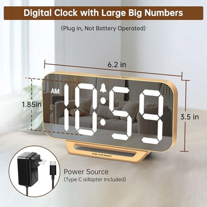 Modern Digital Mirror Alarm Clock with Large LED Display – Plug-In Electric Desk Clock with Battery Backup, 6 Brightness Levels, Gold