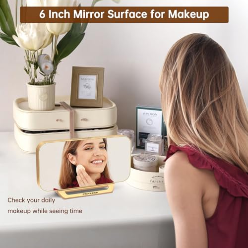 Modern Digital Mirror Alarm Clock with Large LED Display – Plug-In Electric Desk Clock with Battery Backup, 6 Brightness Levels, Gold