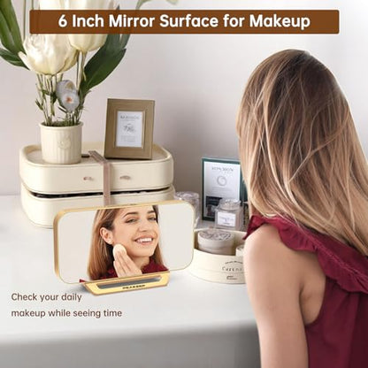 Modern Digital Mirror Alarm Clock with Large LED Display – Plug-In Electric Desk Clock with Battery Backup, 6 Brightness Levels, Gold