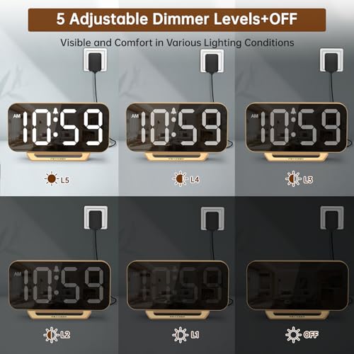 Modern Digital Mirror Alarm Clock with Large LED Display – Plug-In Electric Desk Clock with Battery Backup, 6 Brightness Levels, Gold