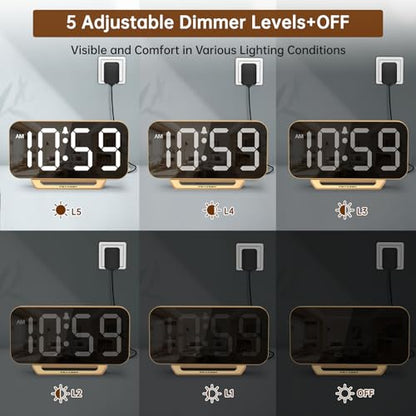 Modern Digital Mirror Alarm Clock with Large LED Display – Plug-In Electric Desk Clock with Battery Backup, 6 Brightness Levels, Gold