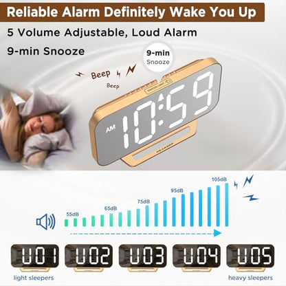 Modern Digital Mirror Alarm Clock with Large LED Display – Plug-In Electric Desk Clock with Battery Backup, 6 Brightness Levels, Gold