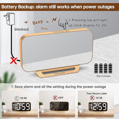 Modern Digital Mirror Alarm Clock with Large LED Display – Plug-In Electric Desk Clock with Battery Backup, 6 Brightness Levels, Gold